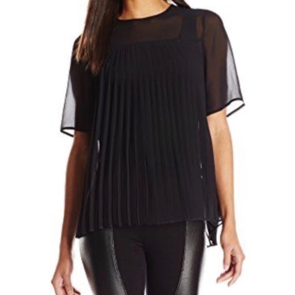 BCBG Gen Semi-Sheer Black Pleated Short Sleeve Top Blouse Moto Boho Medium - Picture 2 of 12